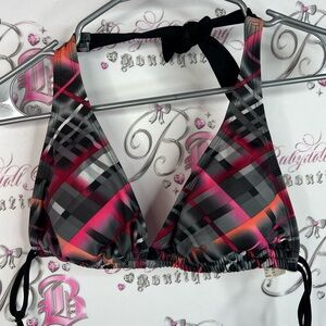 Hurley bikini top embroidered logo pink plaid stripes surf beach Pink halter Top